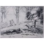 Harry Becker, (1865-1928), The Tree Fellers, black and white etching, 18 x 25cm