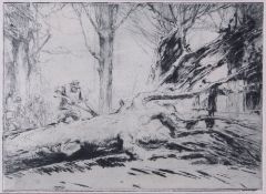 Harry Becker, (1865-1928), The Tree Fellers, black and white etching, 18 x 25cm