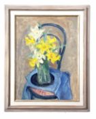 AR Margaret Thomas (1916-2016), Still Life study of daffodils in a glass vase on a chair, oil on