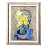 AR Margaret Thomas (1916-2016), Still Life study of daffodils in a glass vase on a chair, oil on