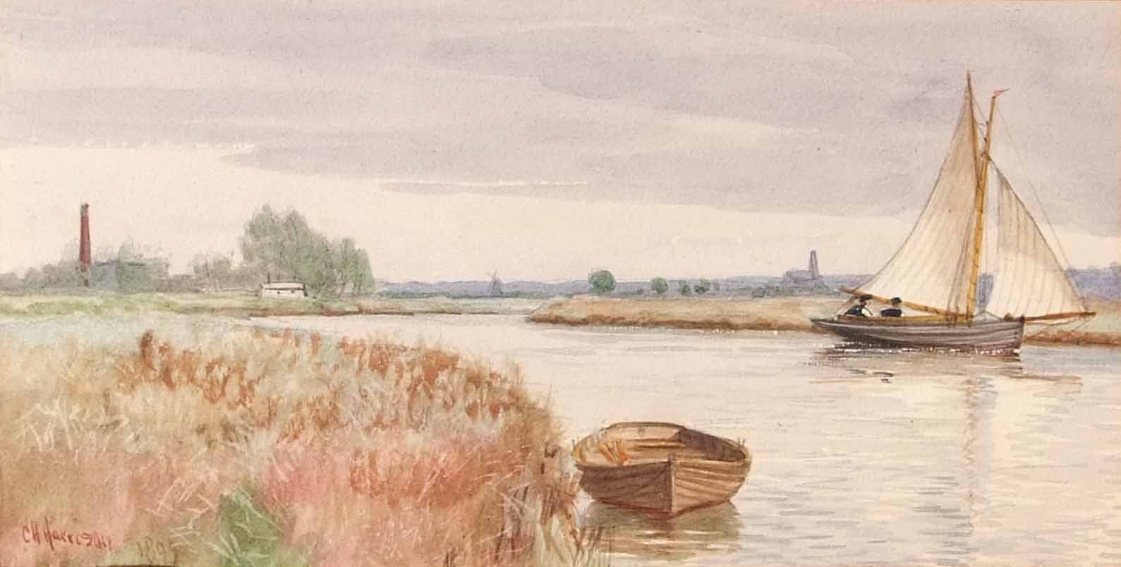 Charles Harmony Harrison (1842-1902), Norfolk river scene, watercolour, signed and dated 1895