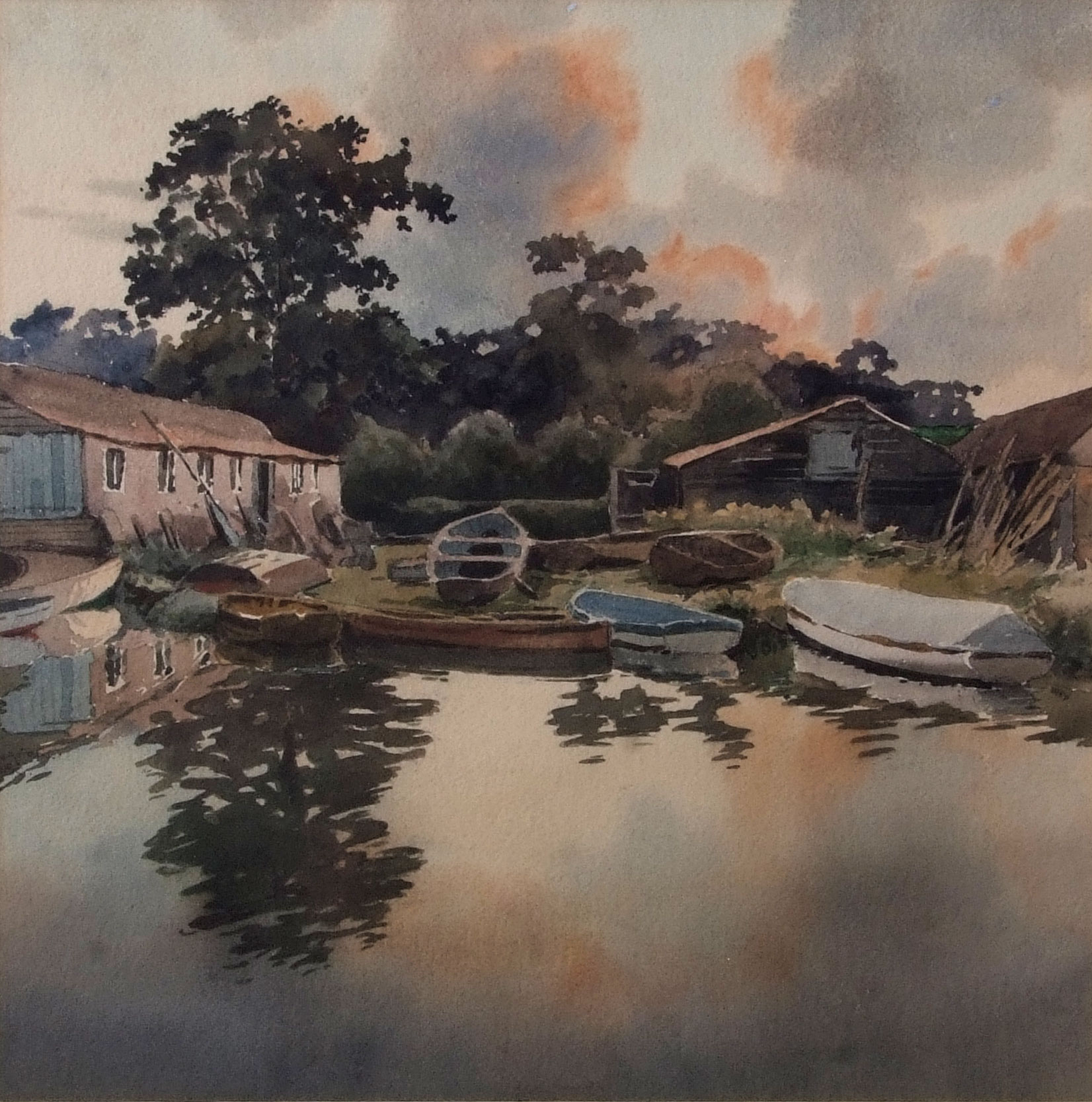 AR Charles Hannaford Junior, RBA (1887-1972), Boatyard, Norfolk, watercolour, 39 x 39cm