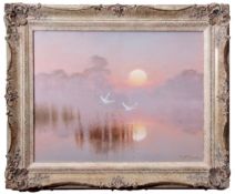 AR David F Dane (contemporary), Swans in flight at sunset, oil on canvas, signed lower right, 34 x