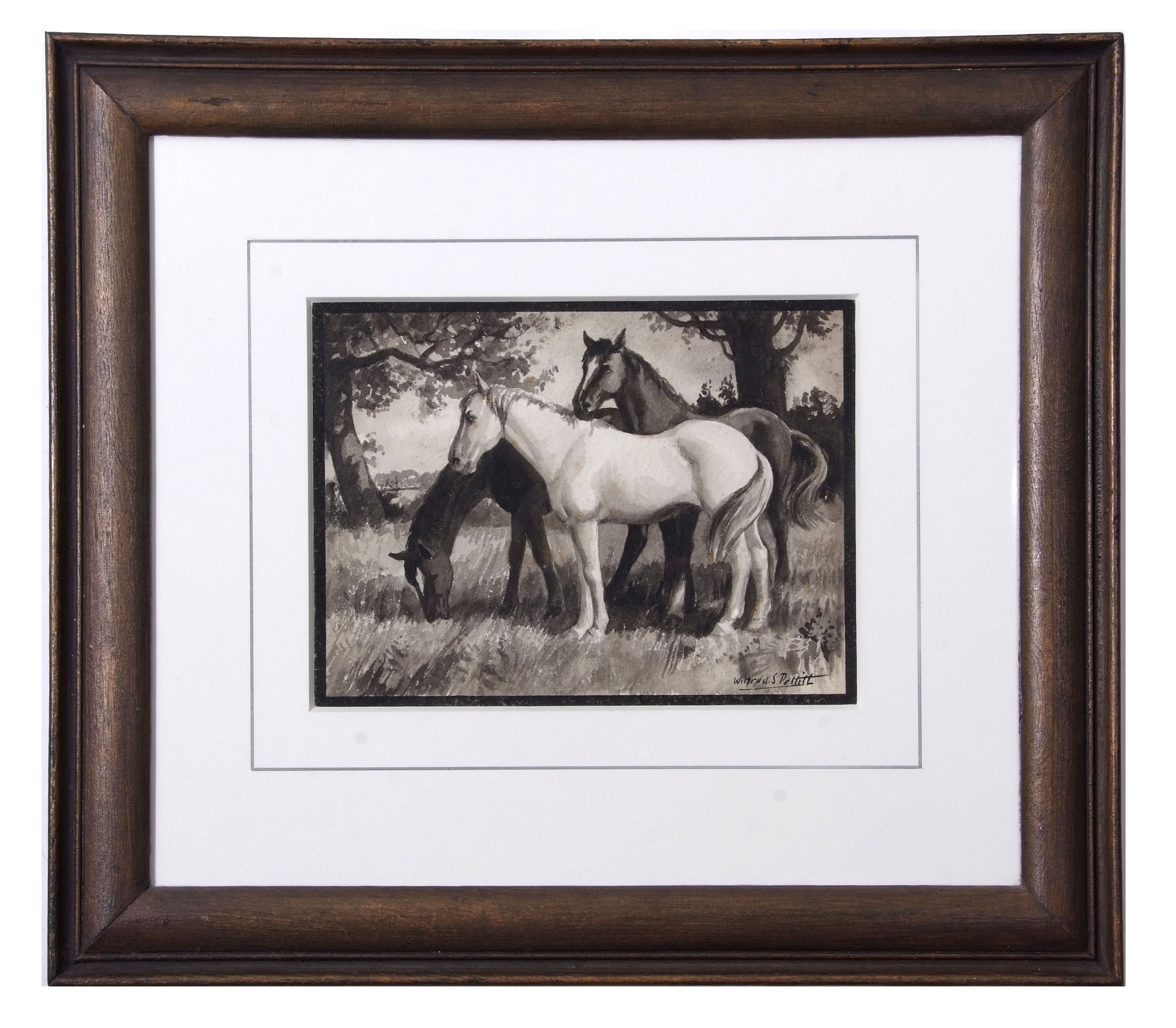 AR Wilfred Stanley Pettitt (1904-1978), Horses grazing, monotone watercolour, signed lower right, - Image 2 of 2