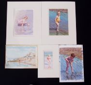John Rowbottom (20th century), Beach scenes etc, group of five watercolours, all signed, assorted
