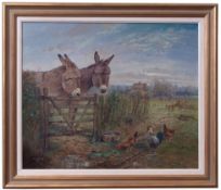 John G Mace (contemporary), Country landscape with donkeys and chickens by a gate, oil on board,