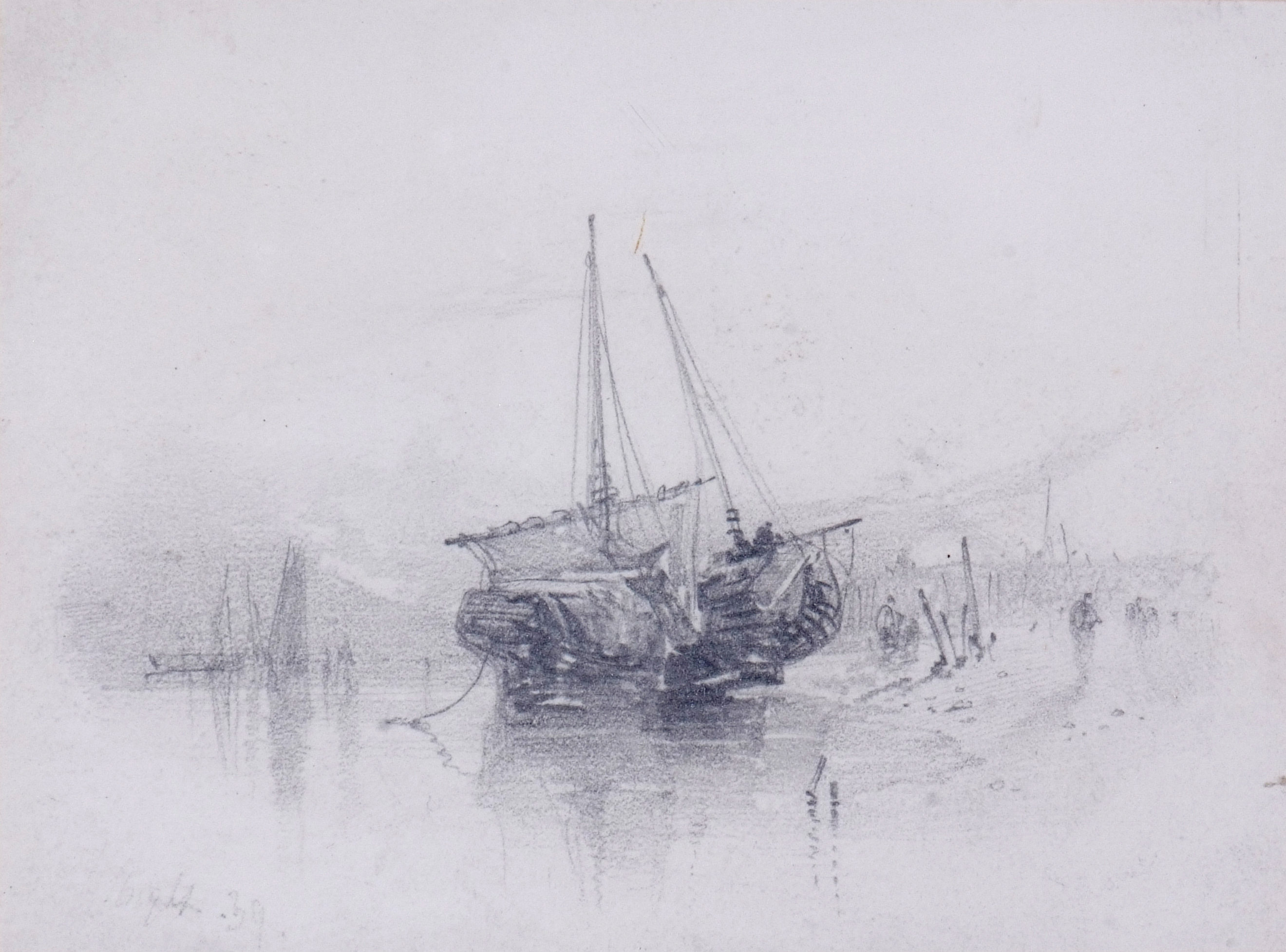 Henry Bright (1810-1873),"Fishing boats lying on the shore", pencil drawing, signed and dated 39