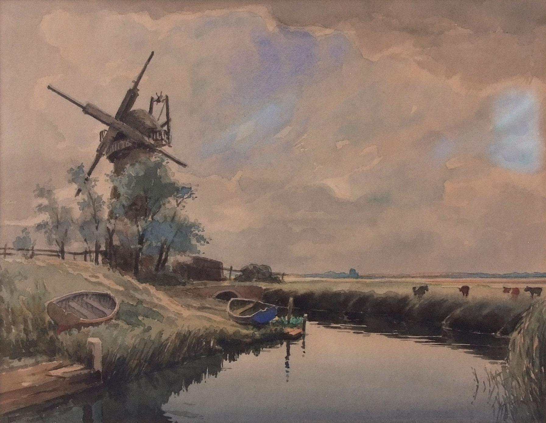 AR Charles Hannaford Junior, RBA (1887-1972), Broads scene with windmill, watercolour, signed