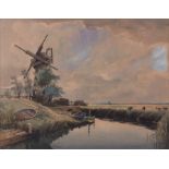 AR Charles Hannaford Junior, RBA (1887-1972), Broads scene with windmill, watercolour, signed