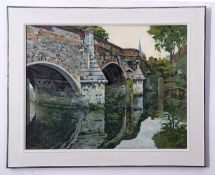 Chris Hall (contemporary), "Bishop's Bridge, Norfolk", oil on board, signed lower right, 44 x 58cm