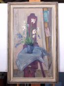 AR Margaret Thomas (1916-2016), Still Life study of flowers in a jug on a chair, oil on board,