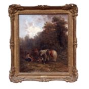 Edward Robert Smythe (1810-1899), Figure group with horse and dog in wooded landscape, oil on