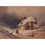Henry Bright (1814-1873), Figure in winter landscape with cottage, watercolour, 28 x 40cm