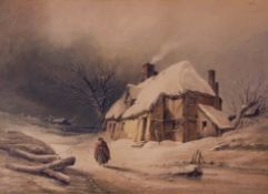 Henry Bright (1814-1873), Figure in winter landscape with cottage, watercolour, 28 x 40cm