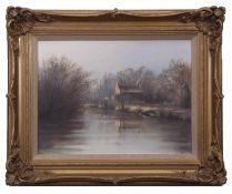 AR David F Dane (contemporary), "Early Spring at Wherry Cottage", oil on board, signed lower left,