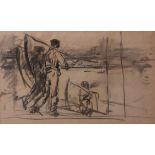 Harry Becker, (1865-1928), Farm workers with scythes, charcoal and wash drawing, 23 x 39cm