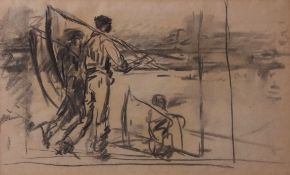 Harry Becker, (1865-1928), Farm workers with scythes, charcoal and wash drawing, 23 x 39cm