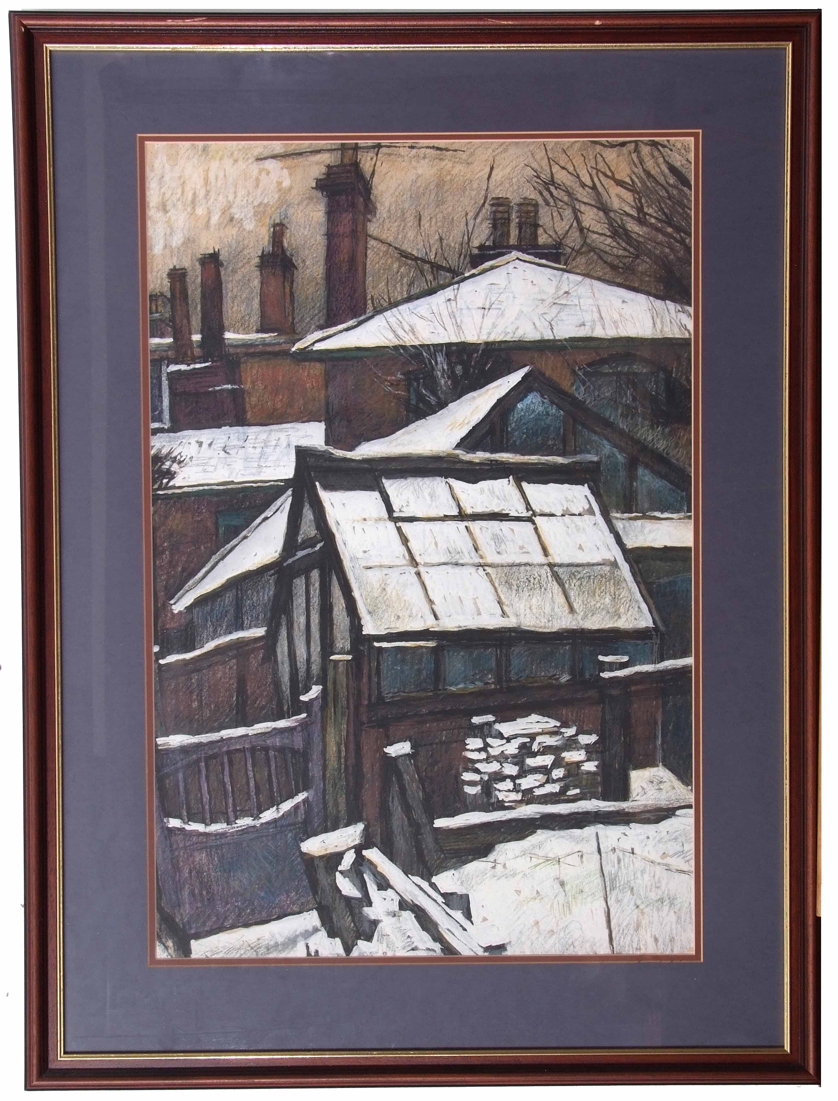 AR Frank William Leslie Davenport, ARCA (1905-1973) "Snow on Roofs", pastel and gouache, 74 x 46cm - Image 2 of 2