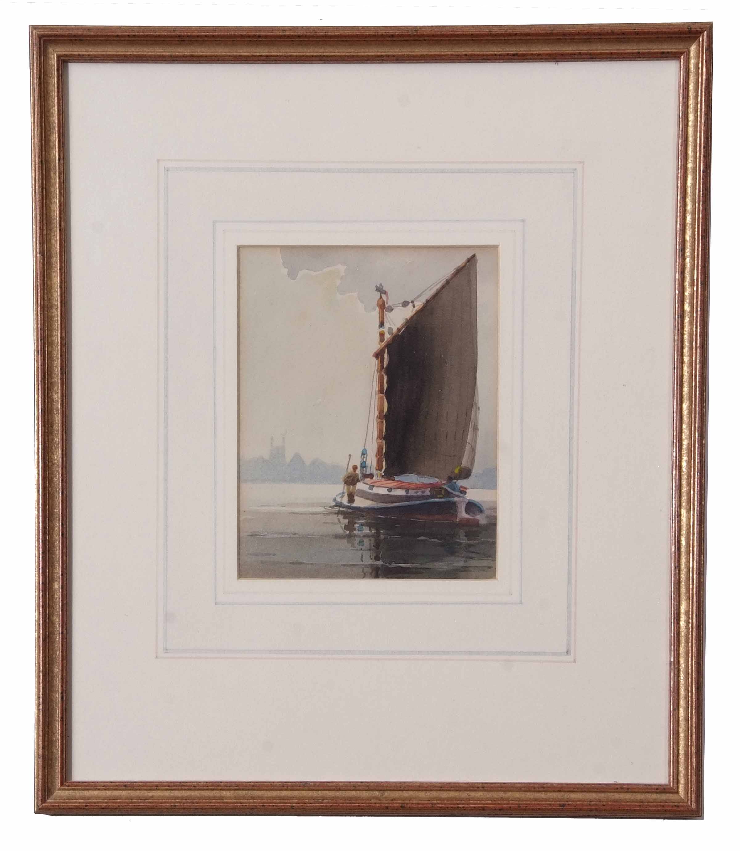 AR Charles Hannaford Junior, RBA (1887-1972), Wherry on the Broads, watercolour, 14 x 11cm - Image 2 of 2