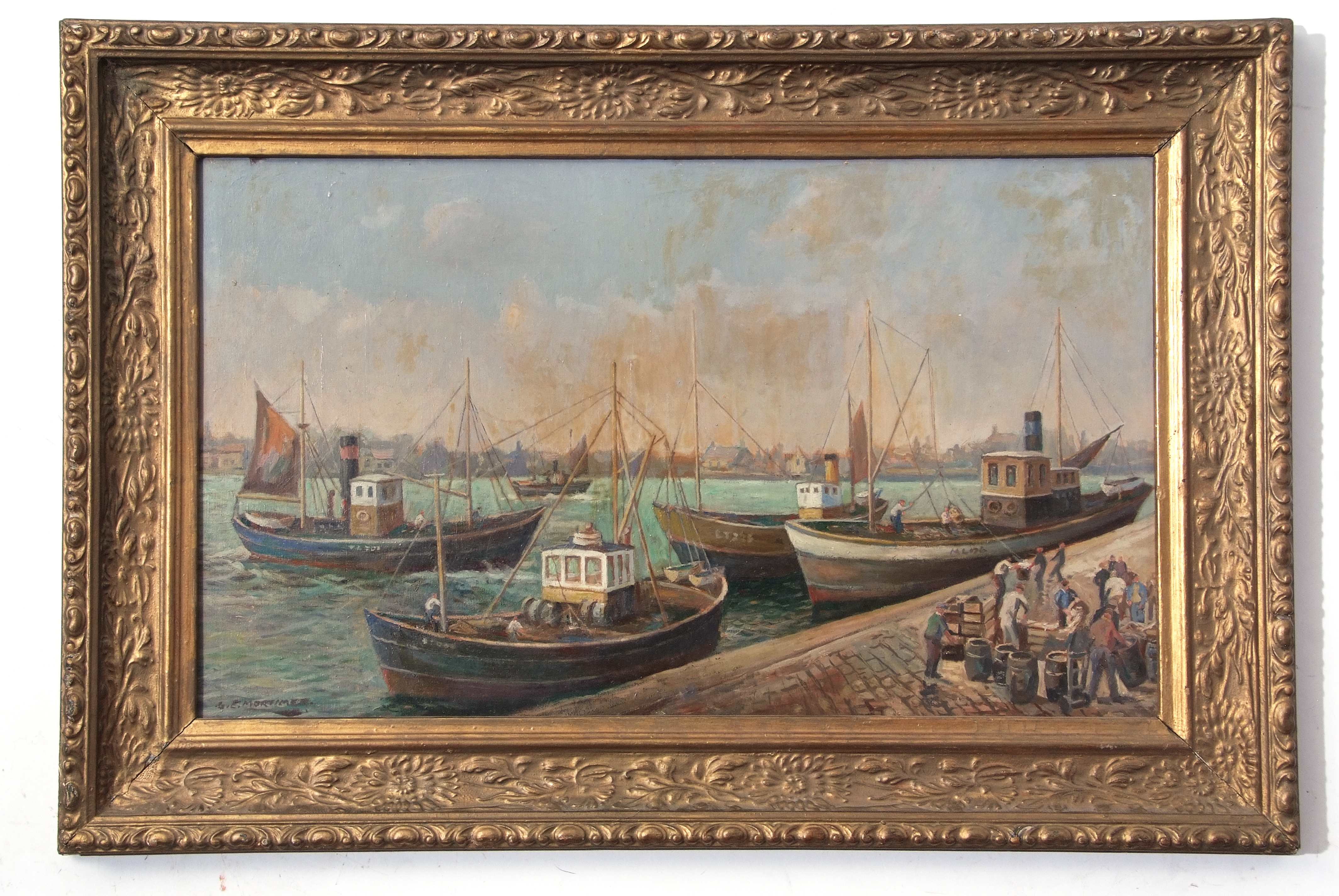 AR Geoffrey Mortimer (1895-1986), Lowestoft Harbour, oil on board, signed lower left, 37 x 64cm