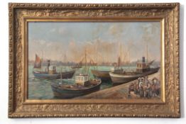AR Geoffrey Mortimer (1895-1986), Lowestoft Harbour, oil on board, signed lower left, 37 x 64cm