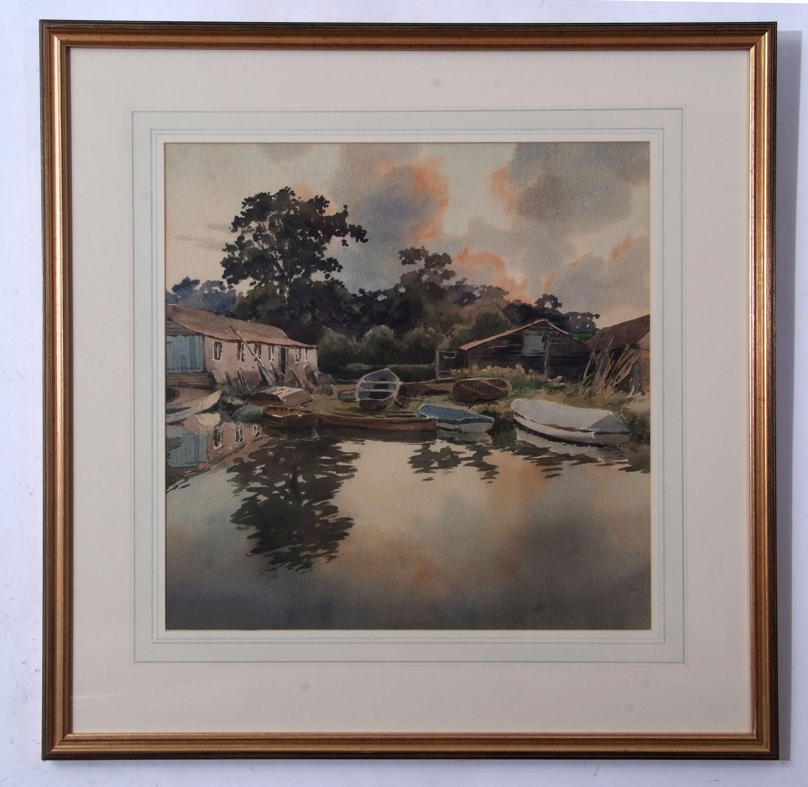 AR Charles Hannaford Junior, RBA (1887-1972), Boatyard, Norfolk, watercolour, 39 x 39cm - Image 2 of 2