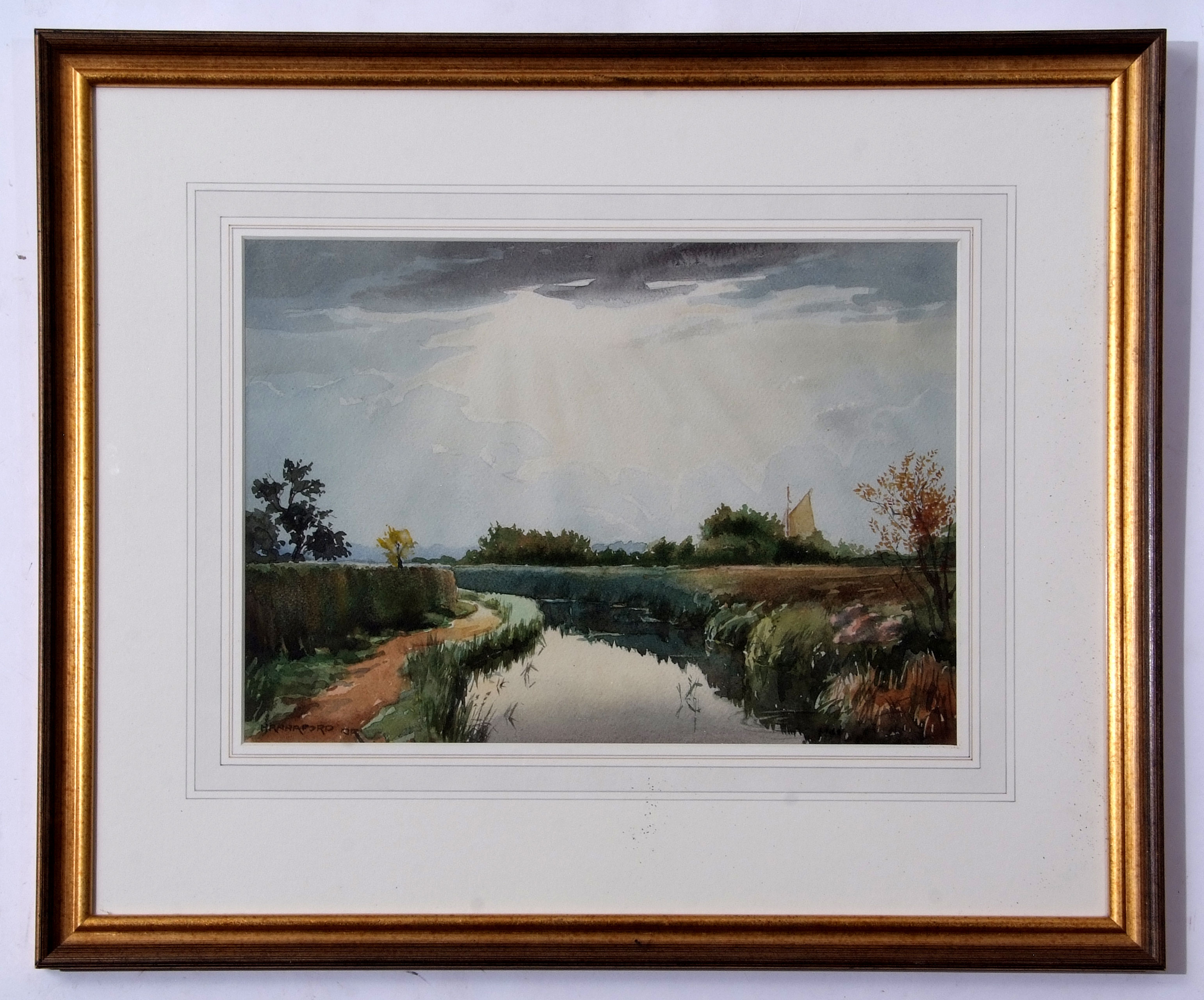 AR Charles Hannaford Junior, RBA (1887-1972), "Out into Black Horse Broad", watercolour, signed - Image 2 of 2