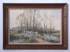 AR Stanley Orchart (1920-2005), "The White Footbridge", oil on board, signed lower right, 50 x 75cm.