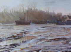 AR Margaret Glass, PS, (born 1950), "Hazy morning, Pin Mill", pastel, monogrammed and indistinctly