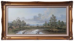AR Wendy Reeves (born 1944), Extensive landscape, oil on canvas, signed lower right, 38 x 84cm