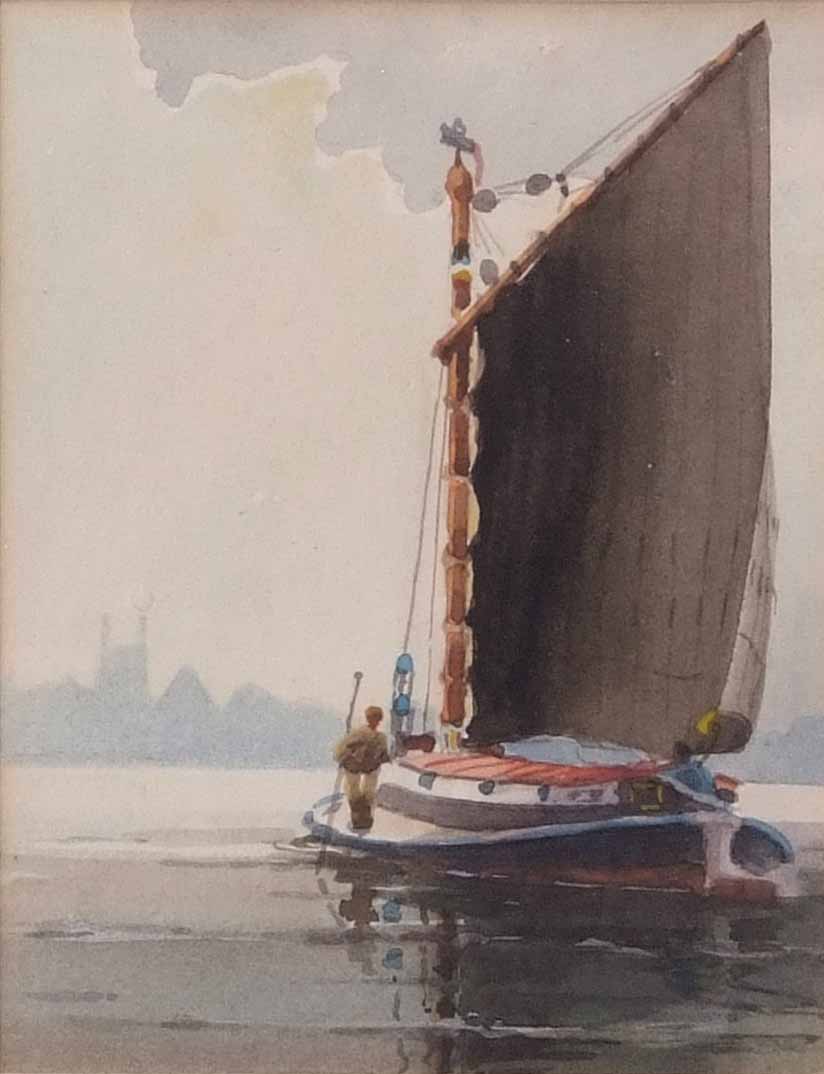 AR Charles Hannaford Junior, RBA (1887-1972), Wherry on the Broads, watercolour, 14 x 11cm