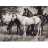 AR Wilfred Stanley Pettitt (1904-1978), Horses grazing, monotone watercolour, signed lower right,