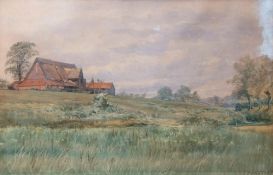 Charles Harmony Harrison (1842-1902), Water meadows and old barn, Barsham circa 1890s,