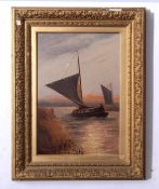 Stephen John Batchelder (1849-1932), Broadland scene with wherries by sunset, oil on canvas,