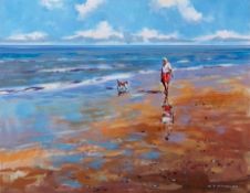 AR Michael J Sanders (born 1959), Figure and dog on a beach, oil on board, signed lower right, 38