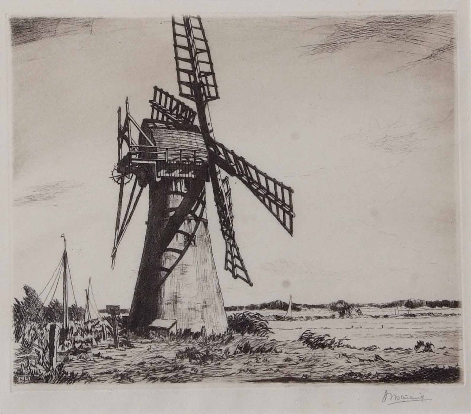 AR Henry James Starling, ARE (1895-1996), Norfolk Mill, black and white etching, signed in pencil