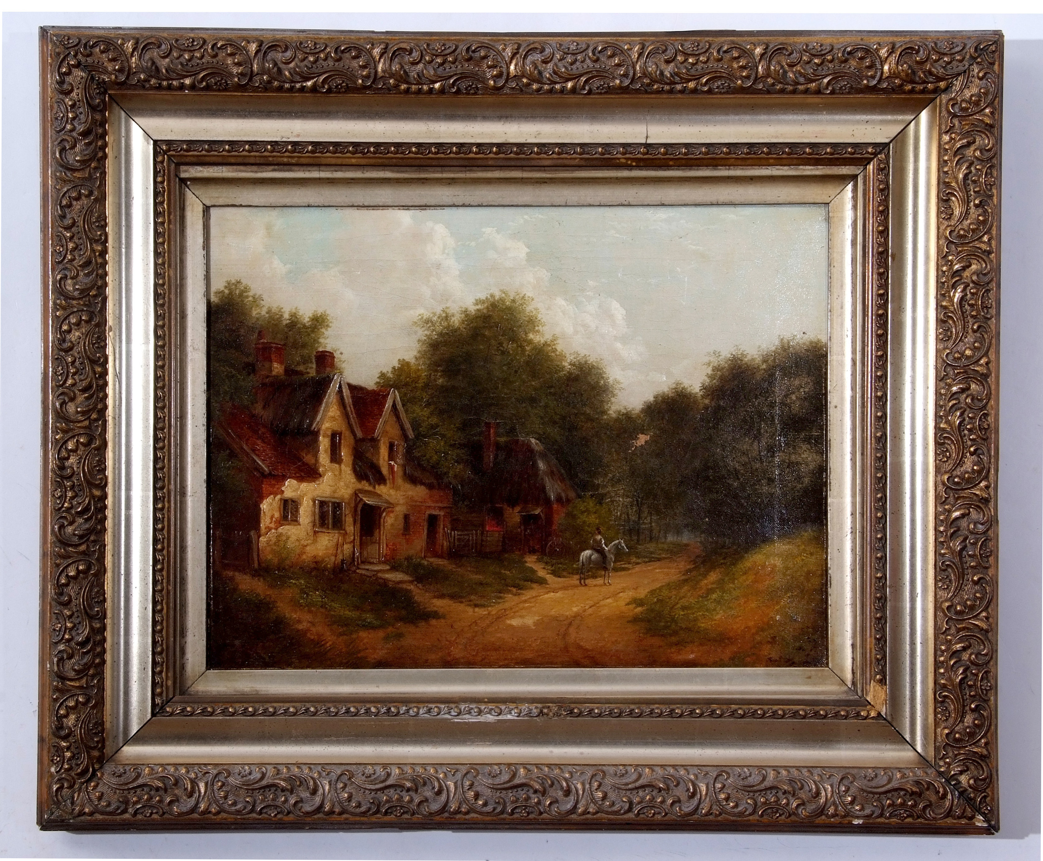Norwich School (19th century), Wooded landscape with horse, figure on horseback by a cottage, oil on