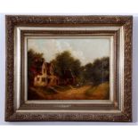 Norwich School (19th century), Wooded landscape with horse, figure on horseback by a cottage, oil on