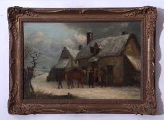 Thomas Smythe (1825-1907), Winter scene with figures and horses by a cottage, oil on canvas,
