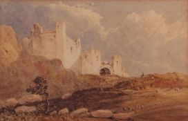 Attributed to John Sell Cotman (1782-1842), Landscape with castle, watercolour, 10 x 16cm