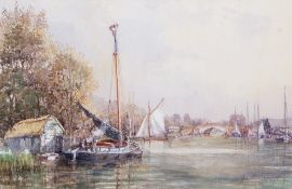 AR John Sutton (born 1935), "Misty morning, Wroxham Bridge circa 1890", watercolour, signed lower