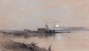 Henry Bright (1810-1873), Moonlit river scene with shipping Pastel, 23 x 40cm, Provenance: Forbes