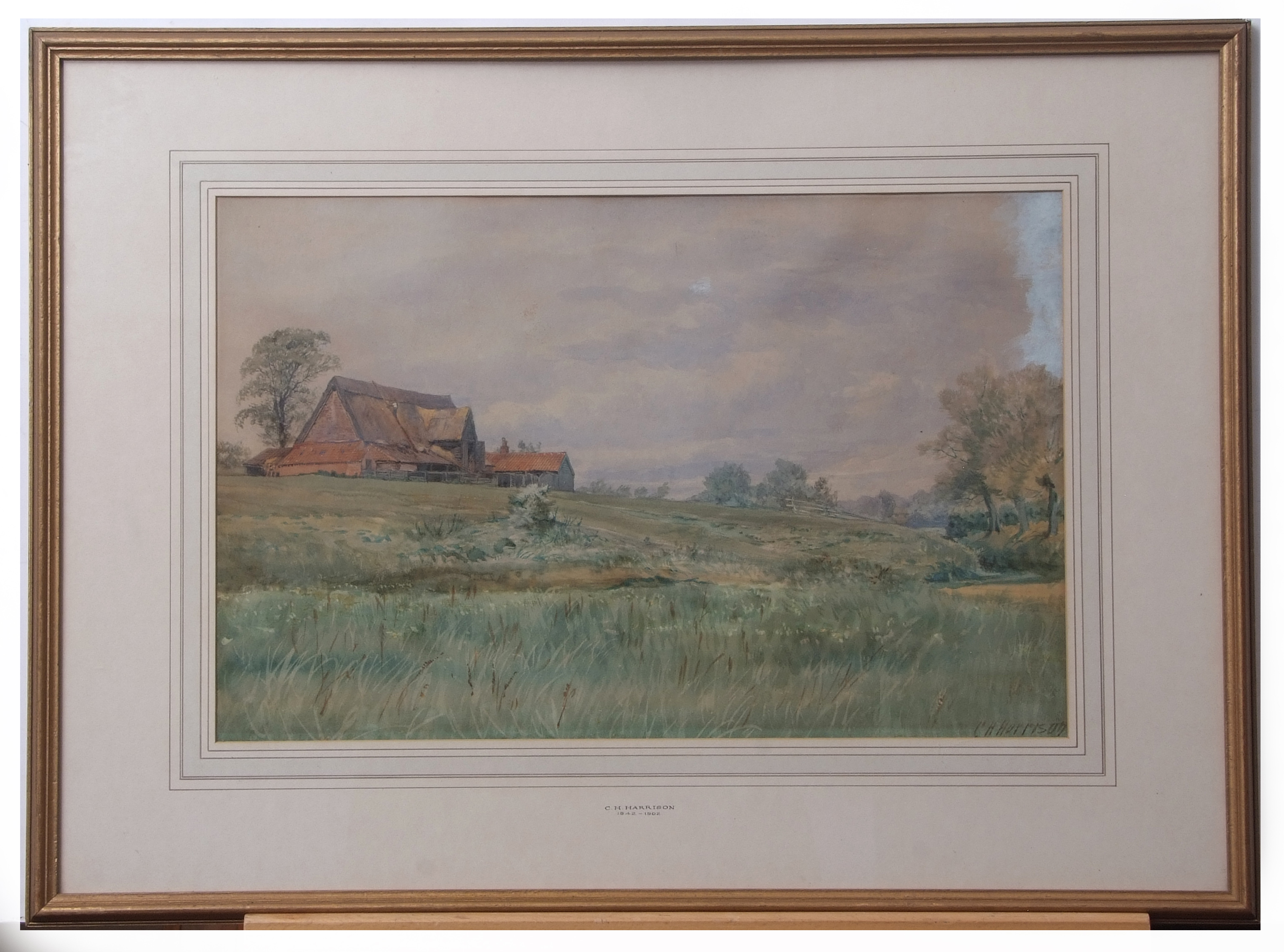 Charles Harmony Harrison (1842-1902), Water meadows and old barn, Barsham circa 1890s, - Image 2 of 2