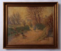 AR Thomas William Armes (1894-1963), Country Lane with figure and chickens, oil on canvas, signed