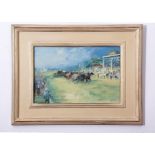 AR John Burman (born 1936), "Summer showers, Cottenham Races, Cambridge", oil on board, signed lower