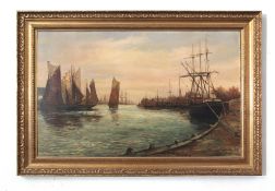 Percy Lionel (19th/20th century), Harbour scene with boats, oil on canvas, signed and dated 1891