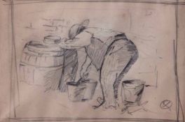 AR Sir Alfred James Munnings, PRA, (1878-1959), The pig man, pencil drawing, 9 x 14cm, Note: this