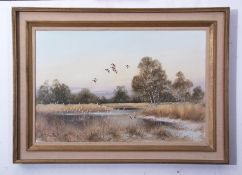 AR Peter J Rowles Chapman (contemporary), Ducks in flight over Filby Broad, oil on canvas, signed