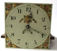 Longcase clock dial with movement, the painted dial with the spandrels painted as roses with