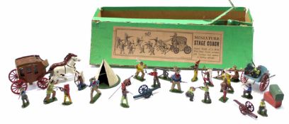 Miniature stage coach made by Johillco, comprising a stage coach with cowboys and Indians in